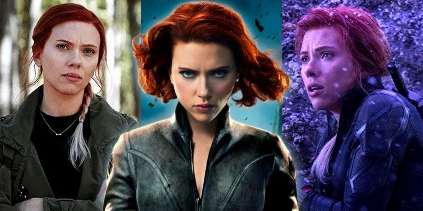 A blended image depicts Black Widow as she appears in The Avengers and Avengers: Endgame