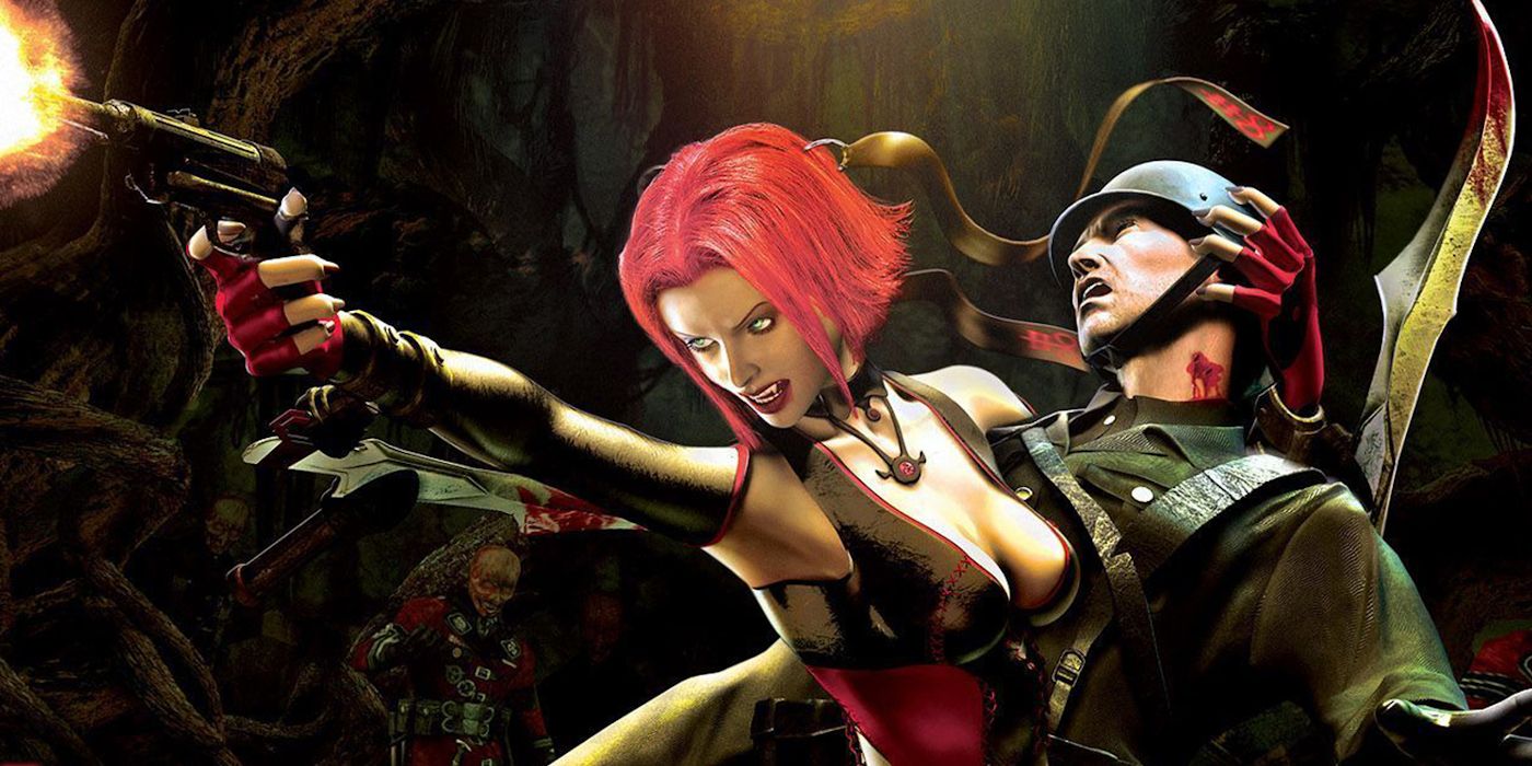 Rayne fires a gun while fighting enemies from BloodRayne 
