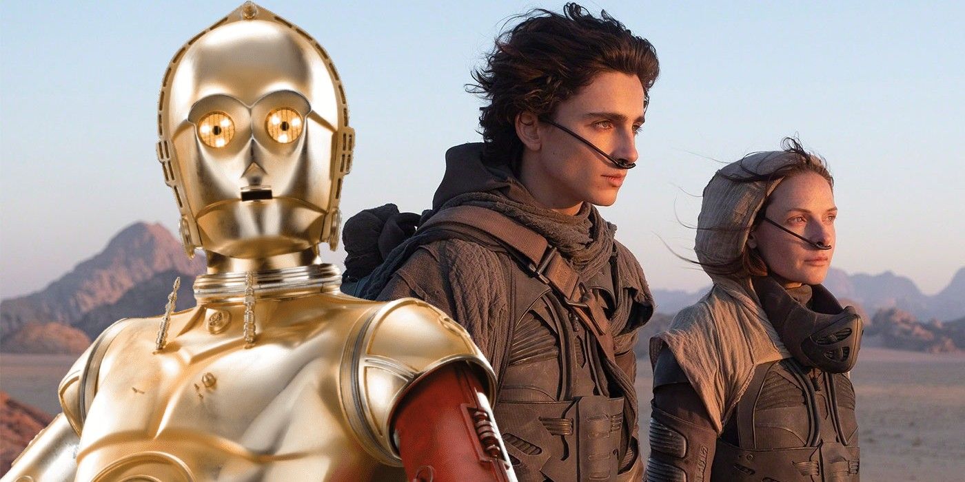 C-3PO from Star Wars and Timothee Chalamet and Rebecca Ferguson in Dune