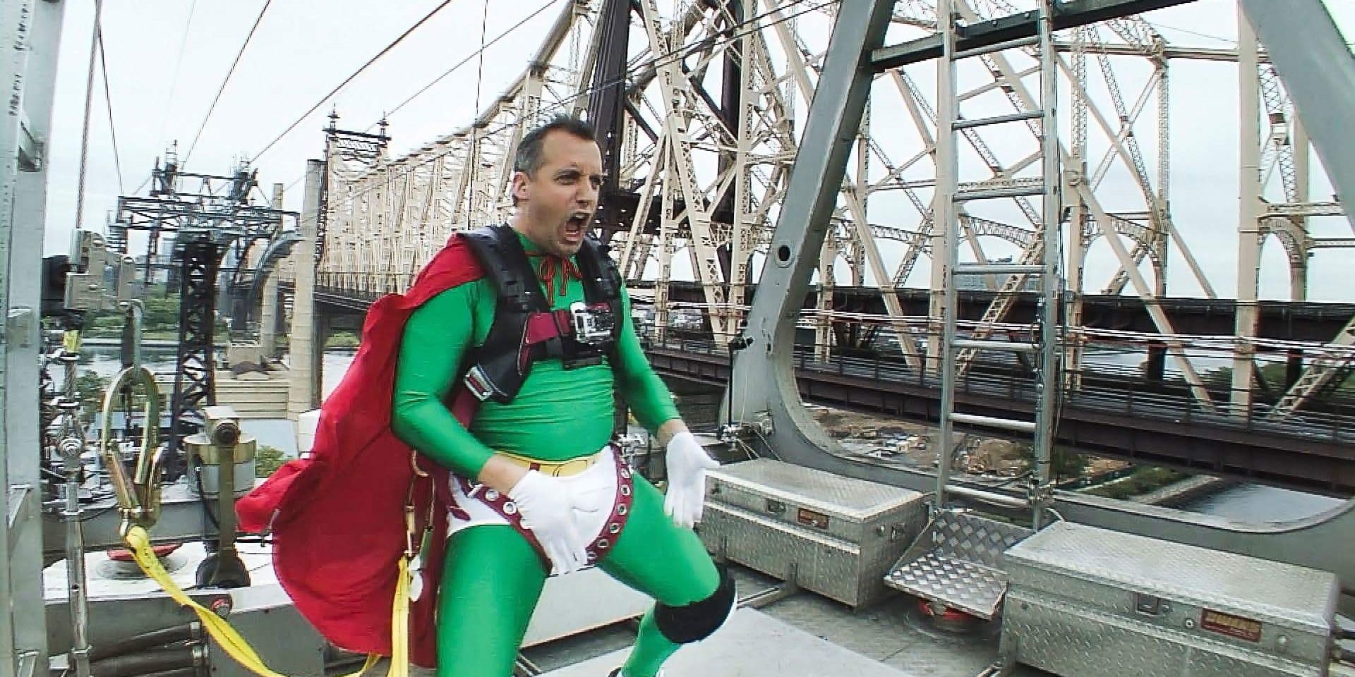 Joe as Captain Fatbelly on top of a bridge