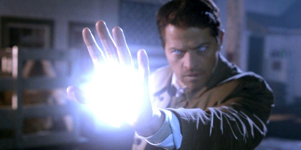 Castiel using his white light powers in Supernatural