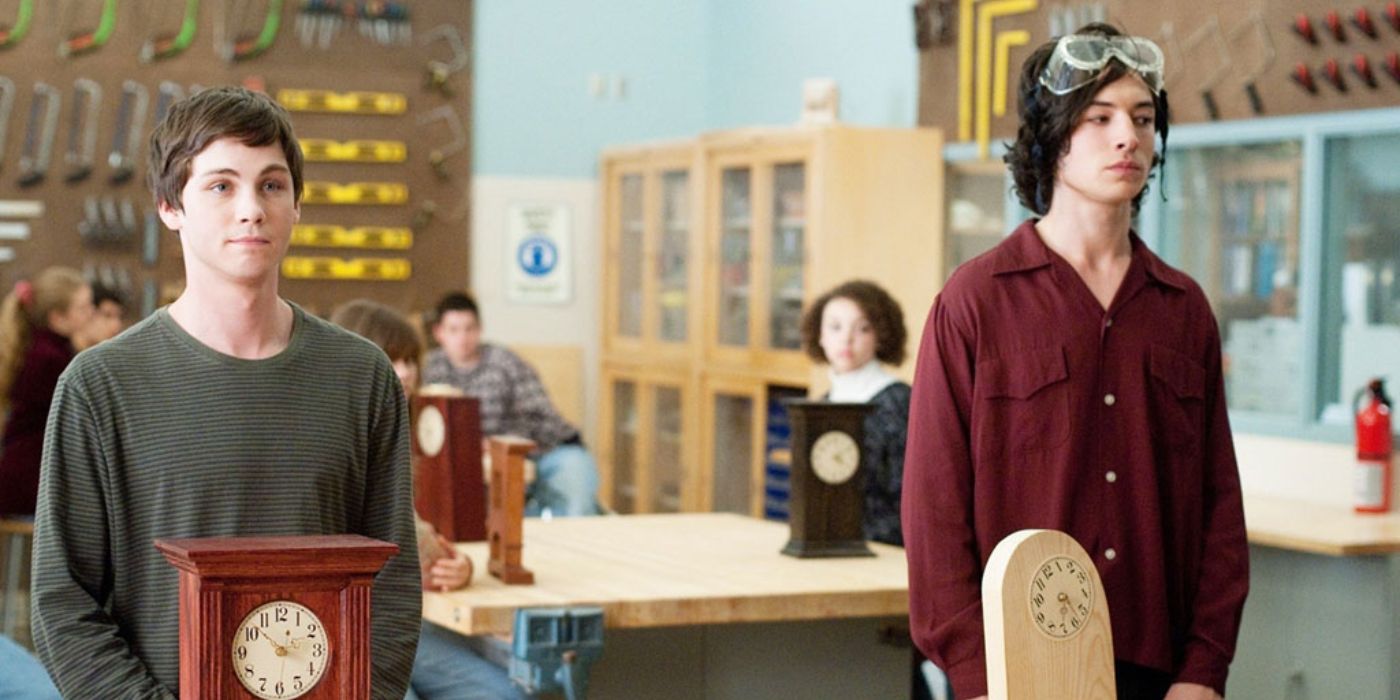 Charlie and Patrick standing in shop class in The Perks of Being a Wallflower.