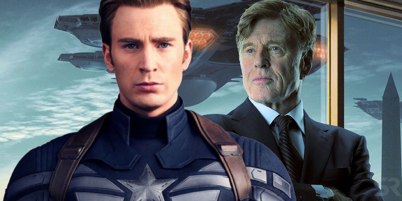 Chris Evans as Captain America and Robert Redford as Alexander Pierce in The Winter Soldier