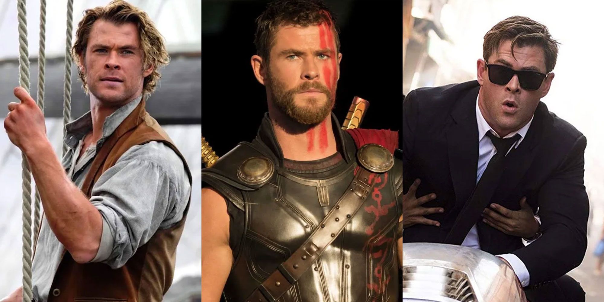 A split image of Chris Hemsworth as characters in The Heart Of The Sea, Thor: Ragnarok, and Men In Black: International