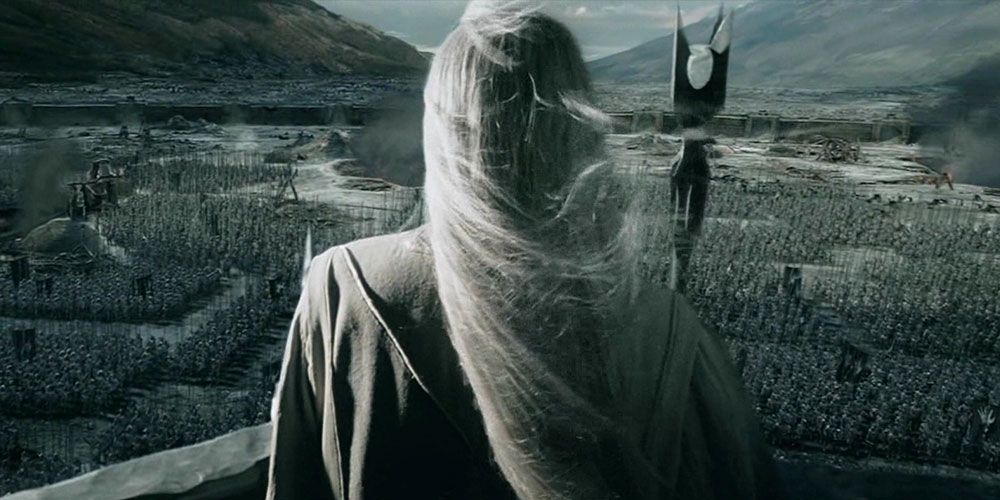 Saruman looks out over his army in Lord of the Rings