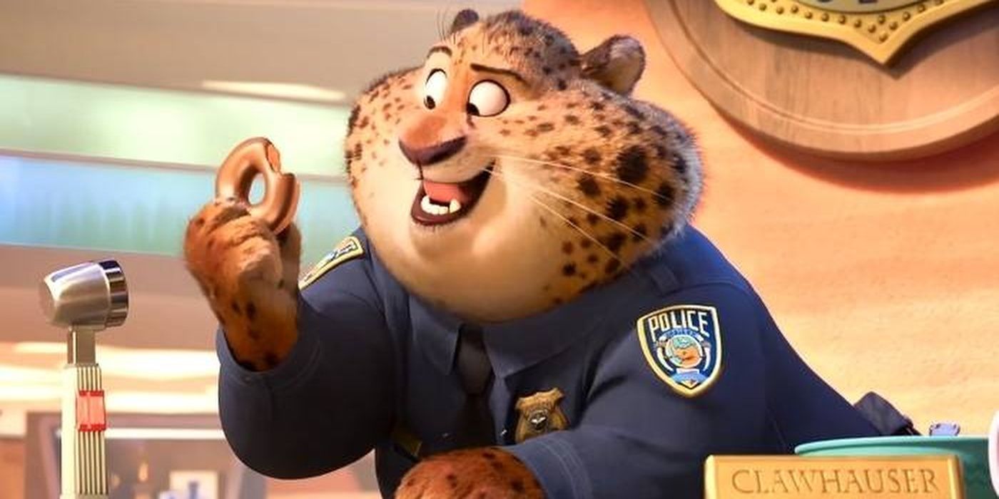 Clawhauser eating a donut in Zootopia