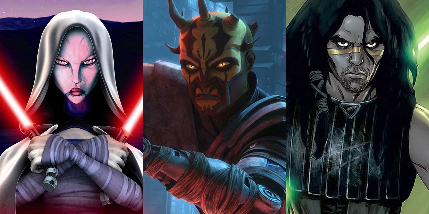 Split image of Asajj Ventress, Savage Opress and Quinlan Vos from Star Wars