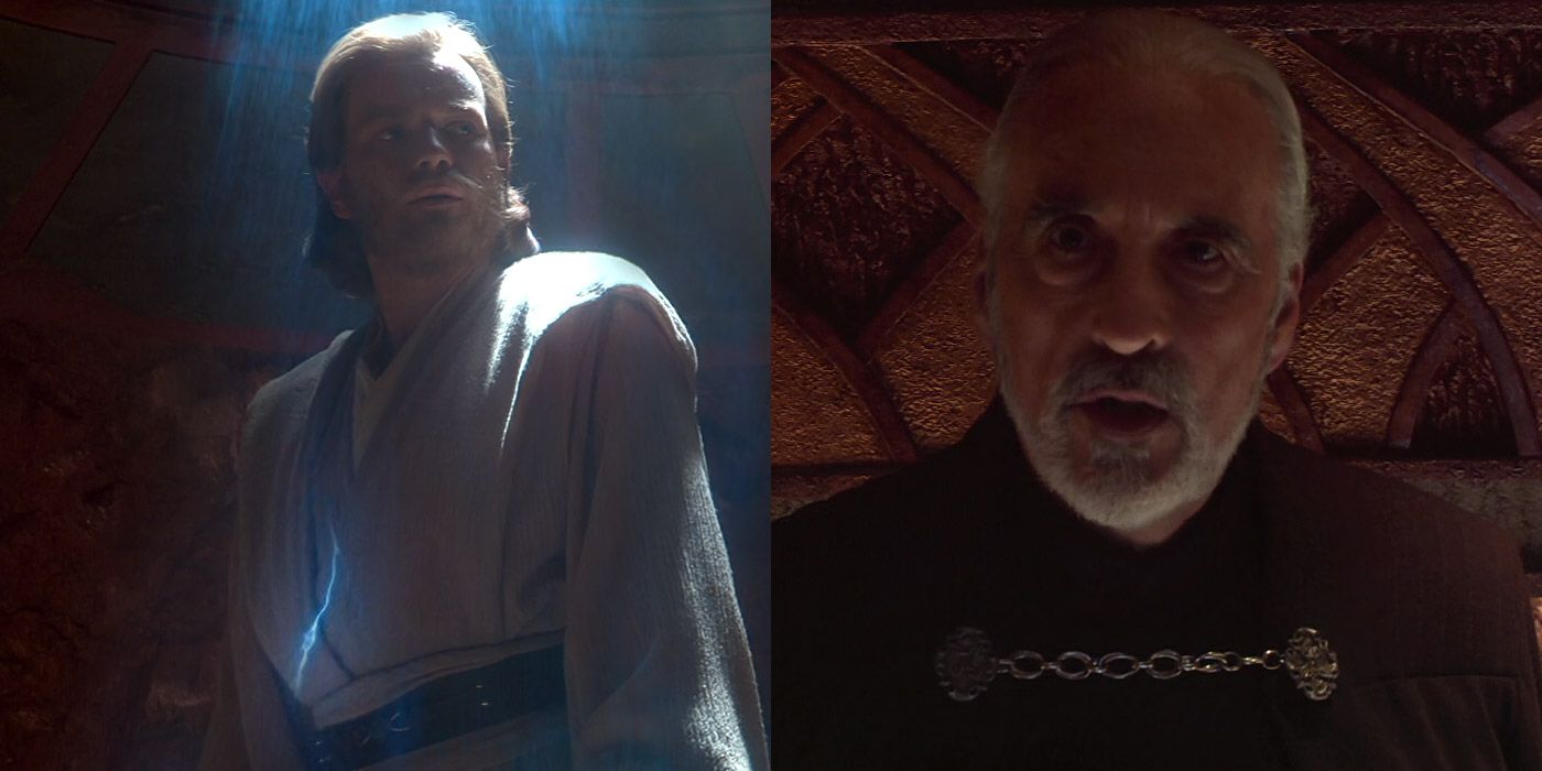 Split image of Obi-Wan and Count Dooku discussing the Sith in Star Wars: Attack of the Clones