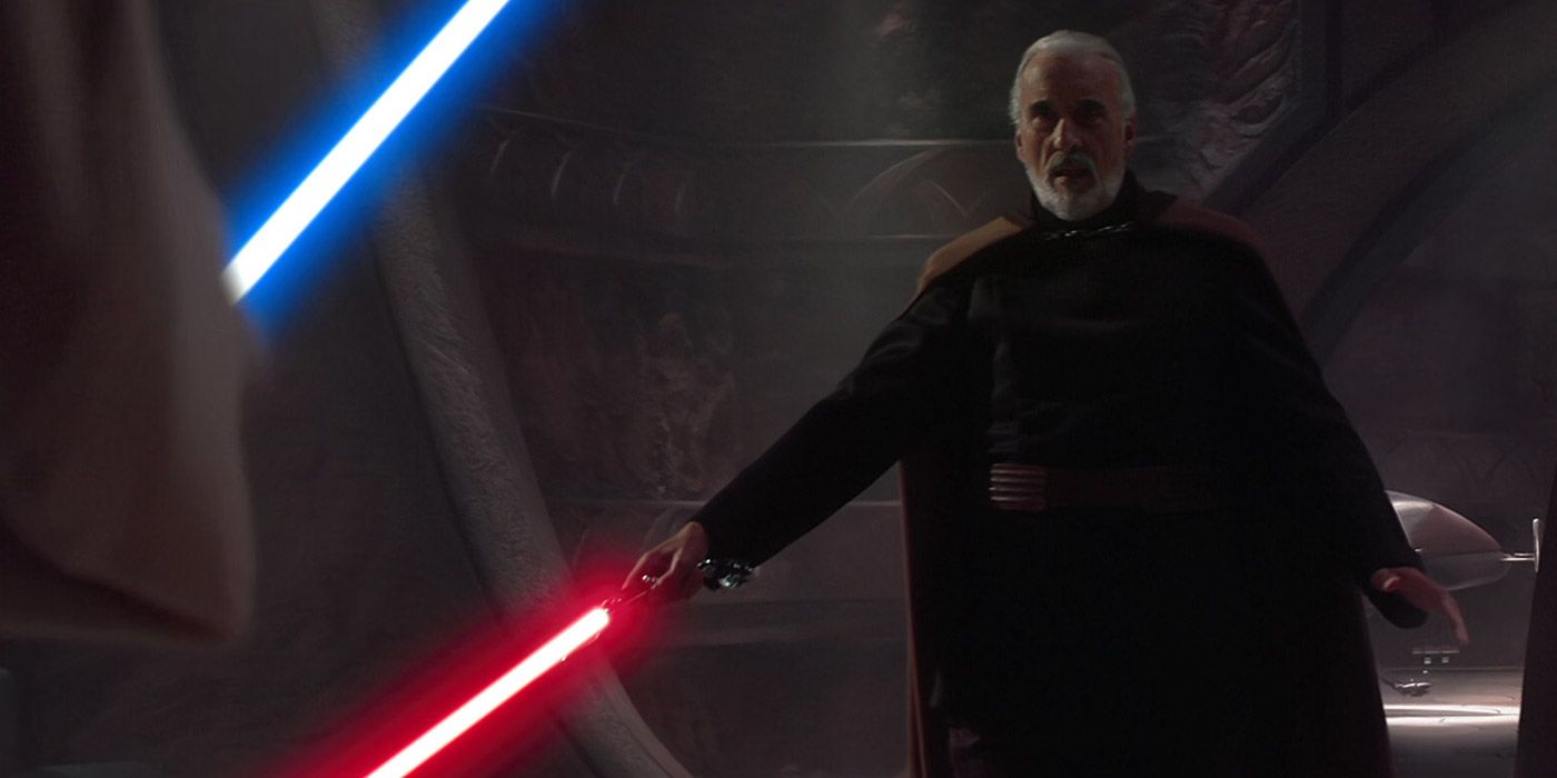 Count Dooku prepares to fight Obi-Wan Kenobi in Star Wars: Attack of the Clones
