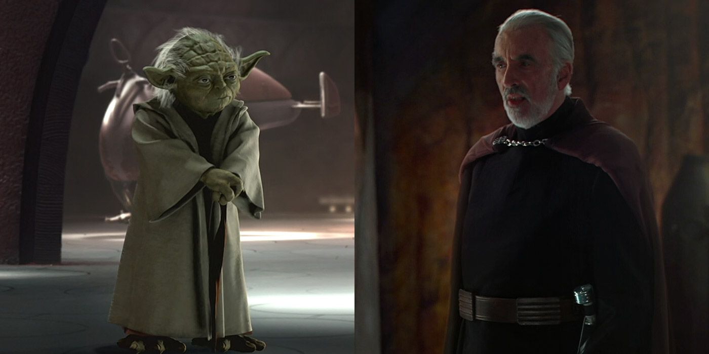 Yoda confronta o Conde Dooku em Geonosis em Star Wars: Ataque dos Clones