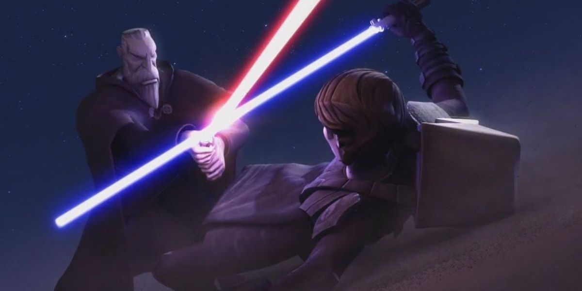 Count Dooku battles Anakin with lightsabers in The Clone Wars