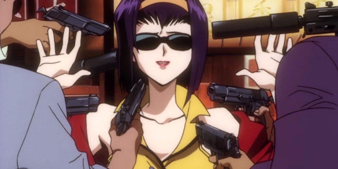 Faye raises her hands as two thugs point guns at her in Cowboy Bebop.