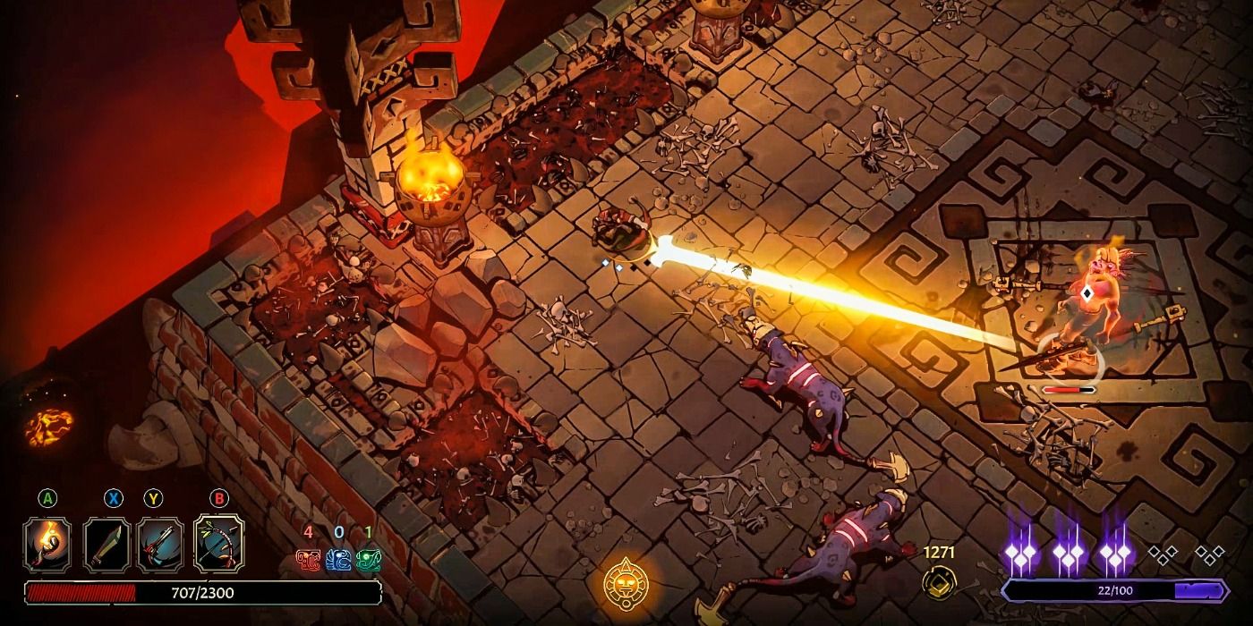 Combat in the game Curse of the Dead Gods, showing a player shooting what looks like a beam of fire or light towards monsters in a top down dungeon 