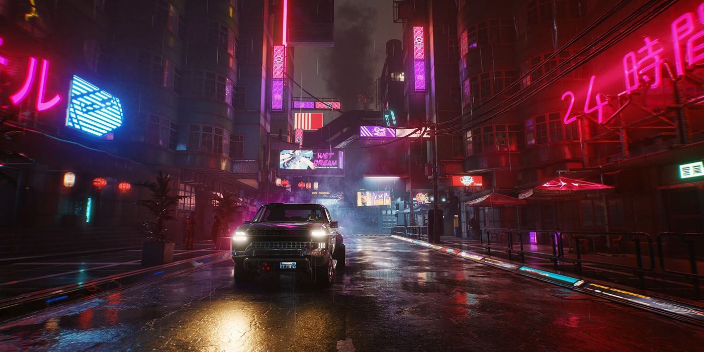 Uma rua em Night City em Cyberpunk 2077