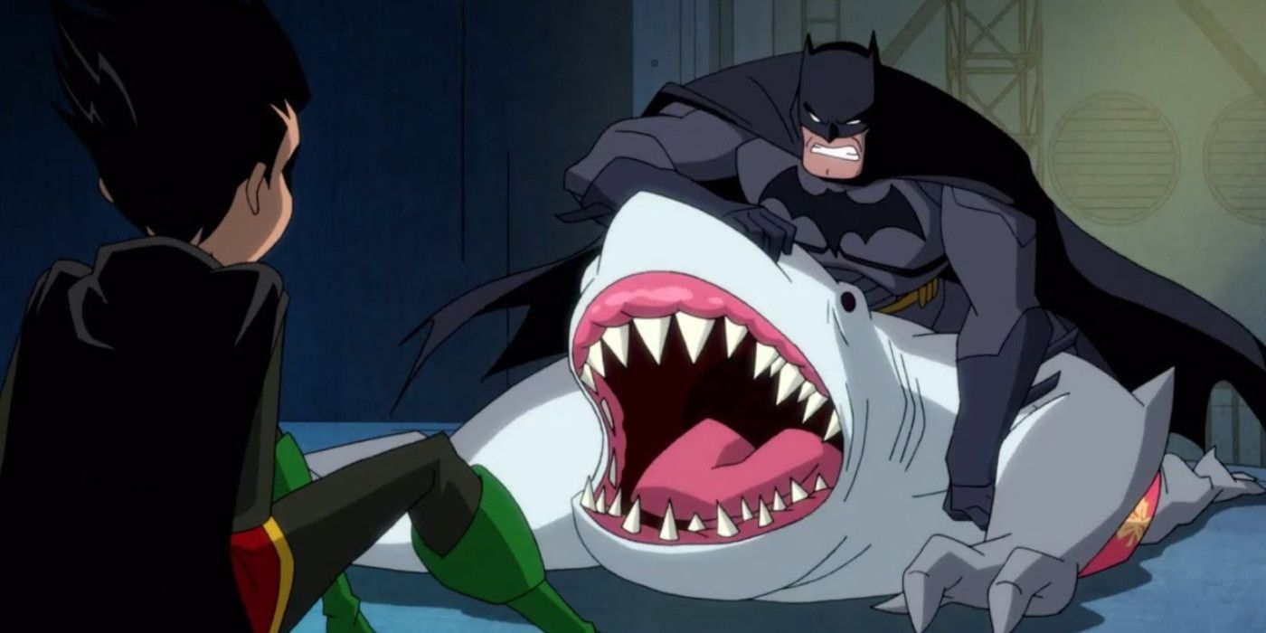Batman fighting Shark in Harley Quinn