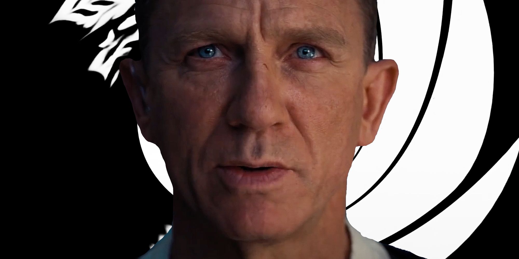 Daniel Craig as James Bond in No Time To Die superimposed over the gun barrel motif