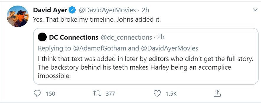 David Ayer Suicide Squad Harley Robin tweet