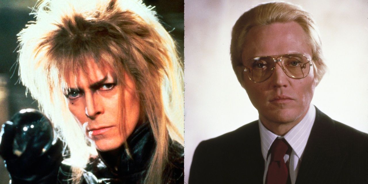 Split image of David Bowie in Labyrinth and Christopher Walken in A View to a Kill