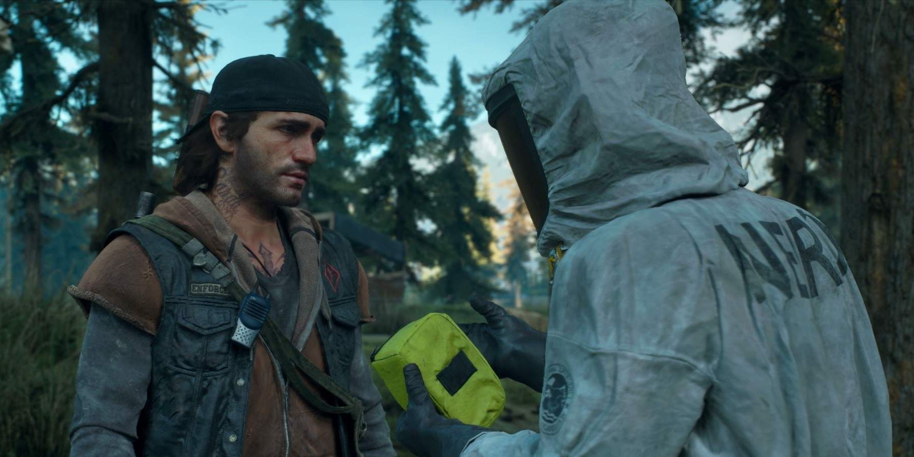 O'Brien in protective clothing talking to Deacon in the video game, Days Gone