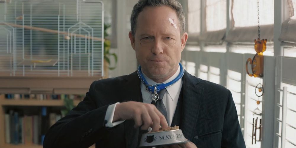 Dean Winters acts as &quot;Mayhem&quot; in an Allstate commercial while in front of a bird cage