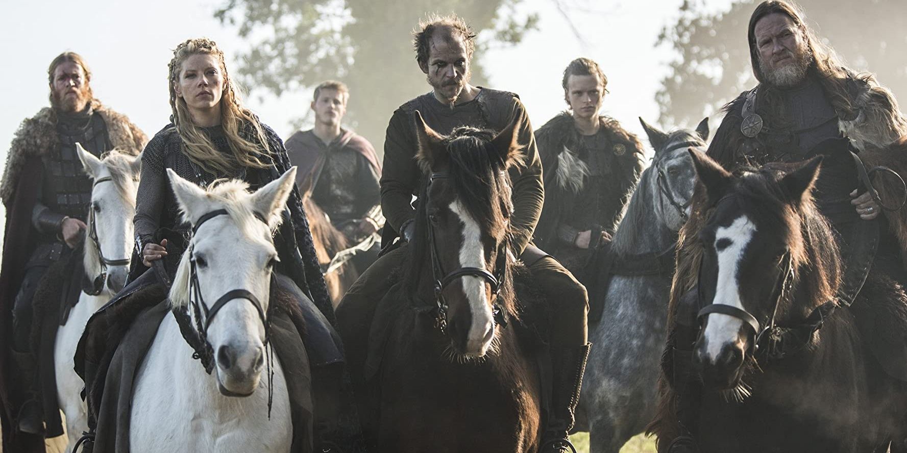 Shield maiden Lagertha rides with Floki and his army to battle