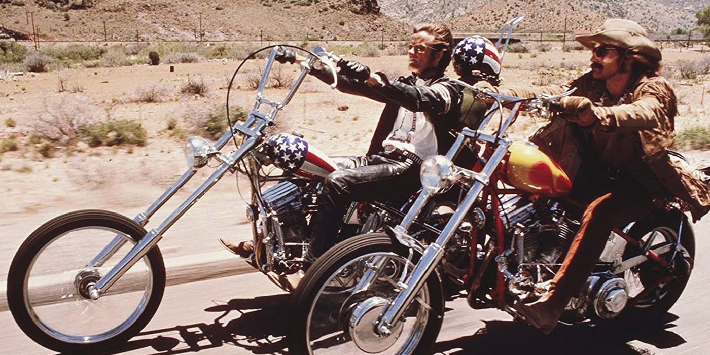 Peter Fonda and Dennis Hopper riding bikes in Easy Rider 