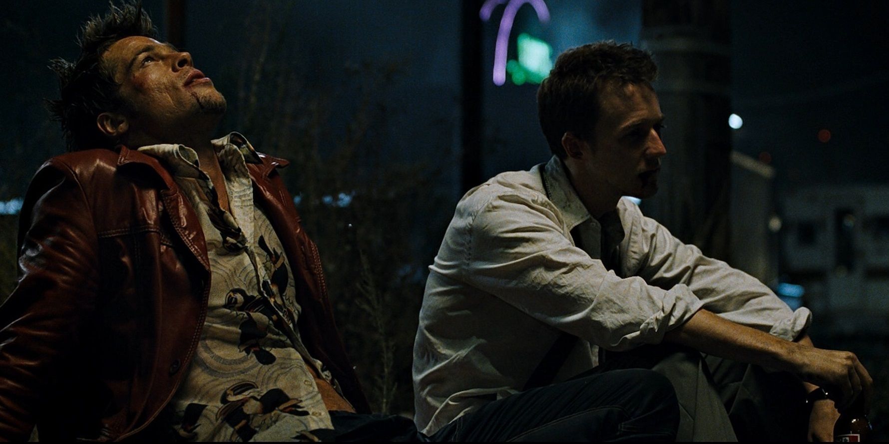 Tyler and The Narrator sitting down outside in Fight Club