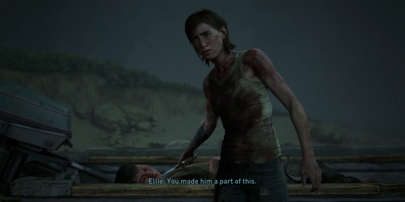 Ellie holding a knife over Lev in The Last of Us Part II.