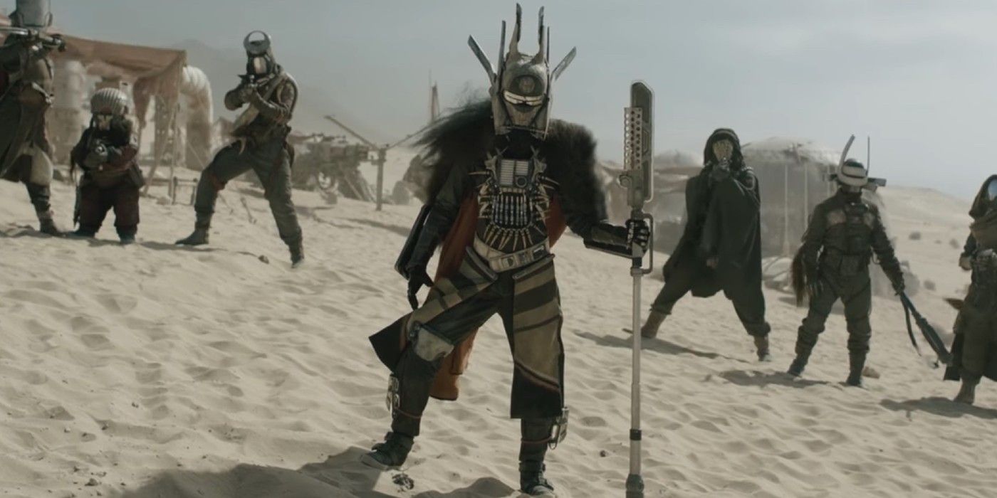 Enfys Nest and the Cloud Riders confront Han, Qi'ra, Chewbacca, and Beckett looking for the coaxium in Solo: A Star Wars Story.