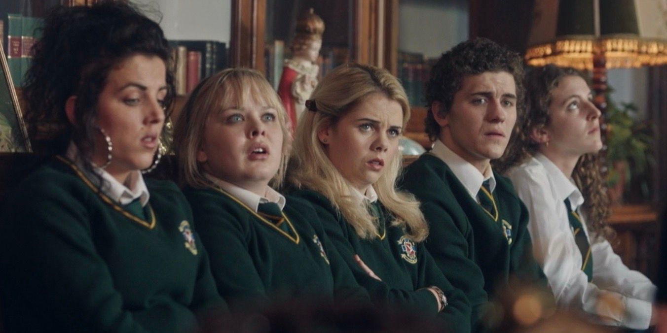 Michelle, Clare, Erin, James, and Orla in the headmistress office in Derry Girls