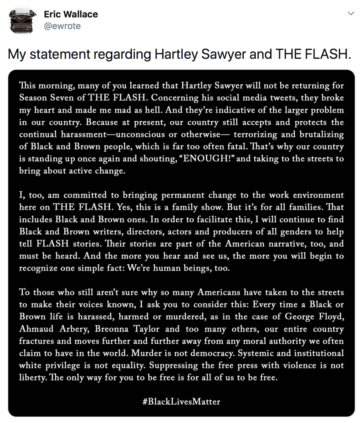 Eric Wallace Statement on The Flash and Hartley Sawyer
