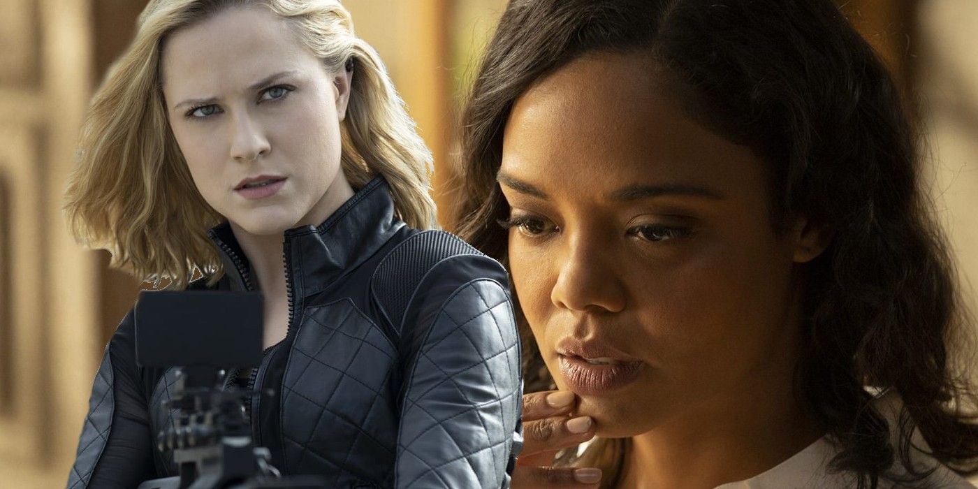 Evan Rachel Wood as Dolores and Tessa Thompson as Charlotte Hale in Westworld