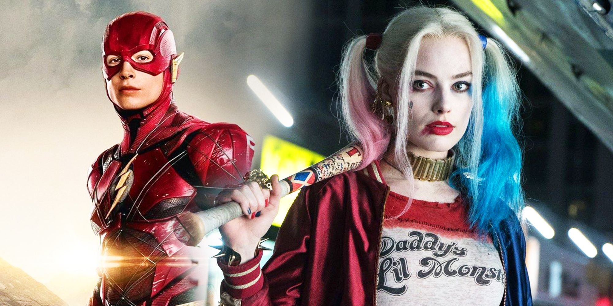 Ezra Miller as The Flash next to Margot Robbie in Suicide Squad