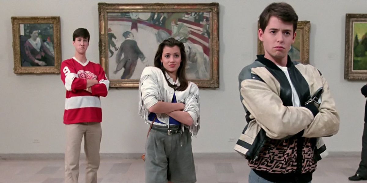 Ferris, Cameron e Sloane todos com a mesma pose com os braços cruzados em Ferris Bueller's Day Off