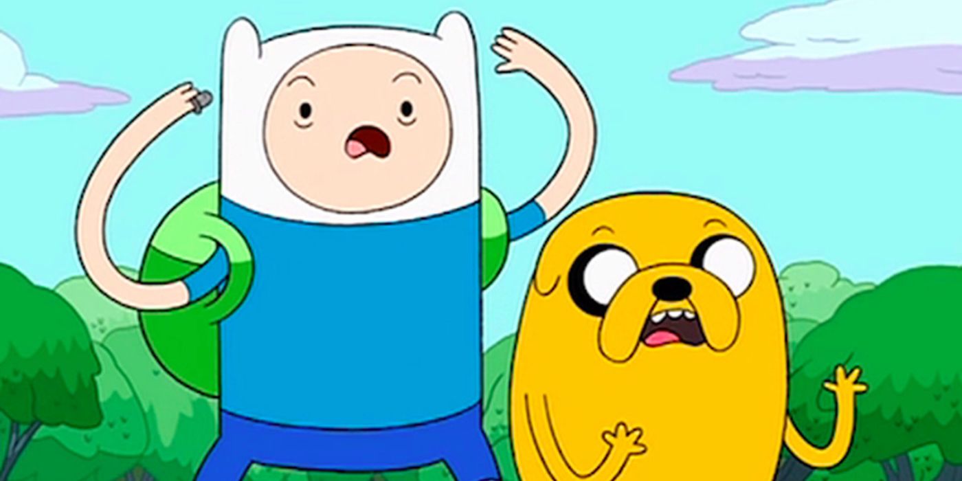 Finn and Jake walking through a field in Adventure Time