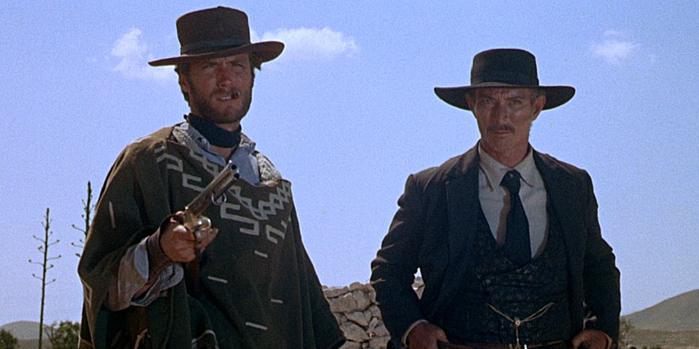 A scene from For A Few Dollars More featuring Lee Van Cleef and Clint Eastwood standing together