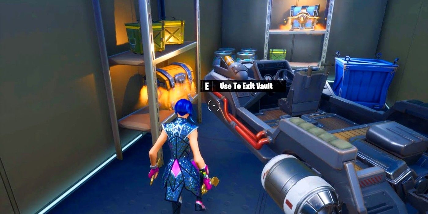 A player loots the vault in The Authority in Fortnite Season 3 for some special weapons and objects