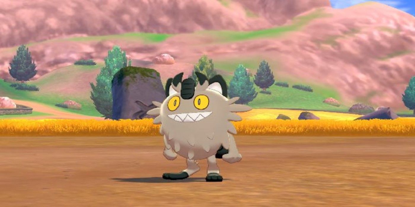 A Galarian Meowth in Pokemon Sword and Shield.