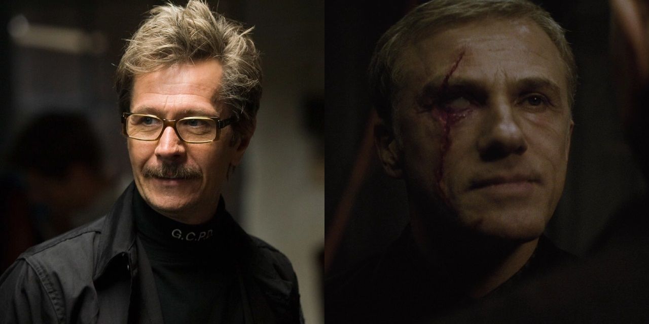 Split image of Gary Oldman in The Dark Knight and Christoph Waltz in Spectre