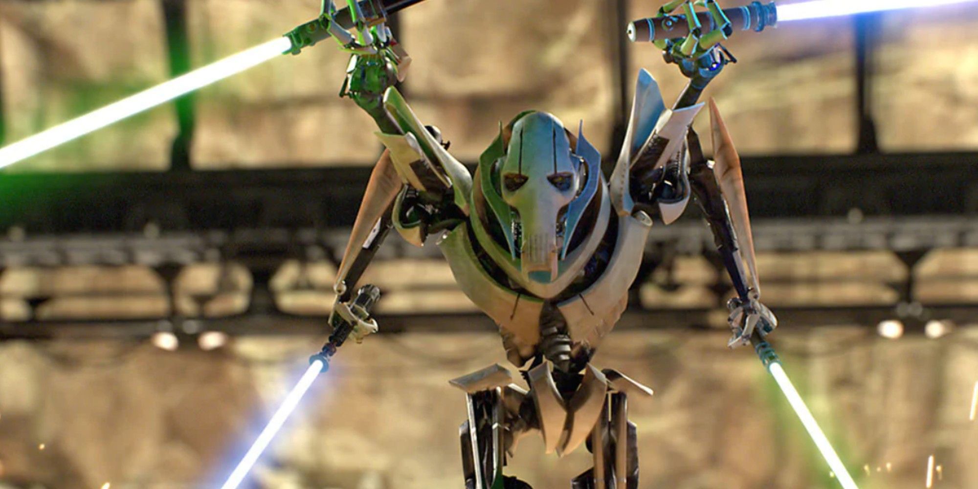 General Grievous shows off his four arms and lightsabers as he prepares to duel Obi-Wan on Utapau in Revenge of the Sith