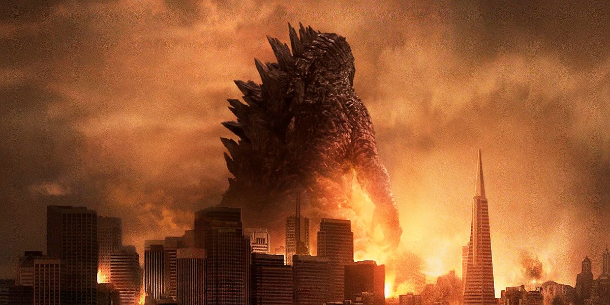 Godzilla rampaging through a city