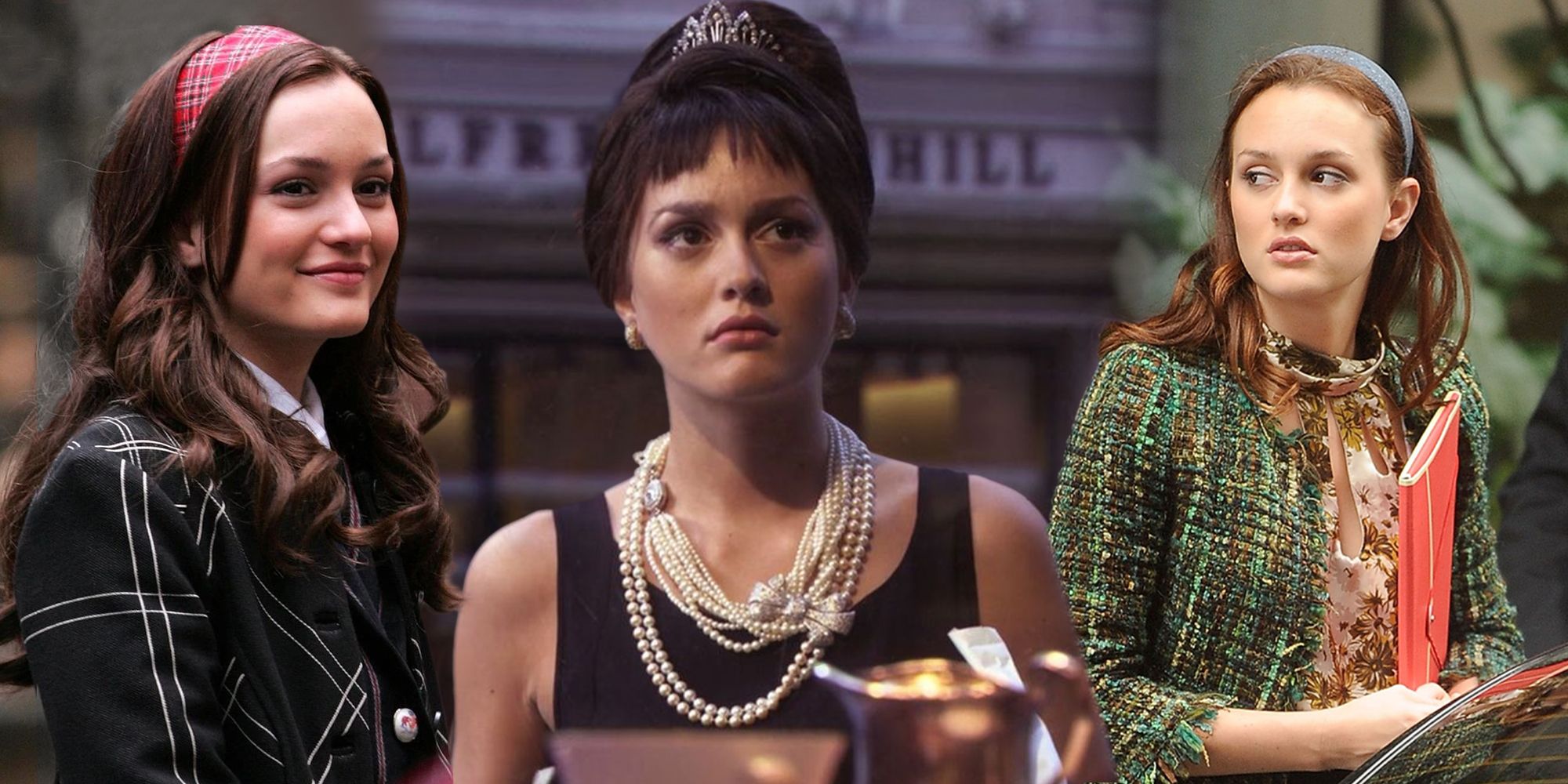 Blair in her iconic headbands and blazers in three Gossip Girl images, including one of her as Audrey Hepburn