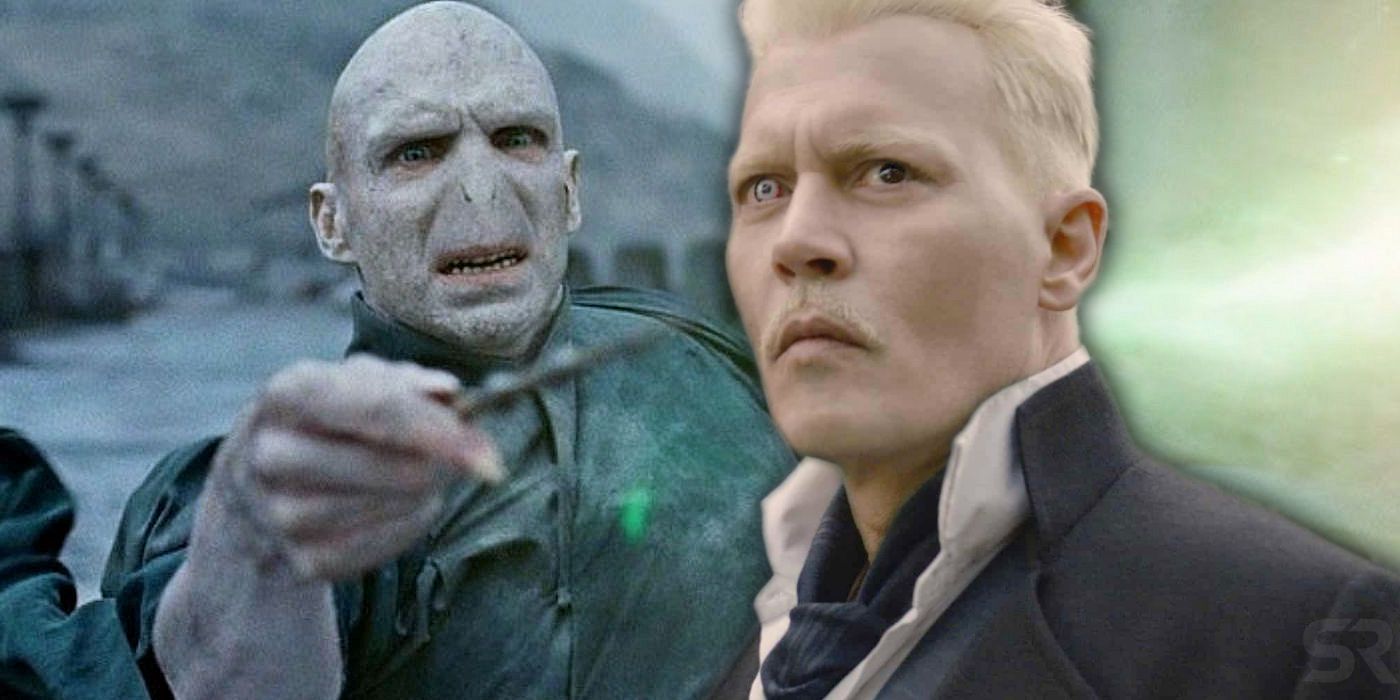 Split image showing Grindelwald and Voldemort