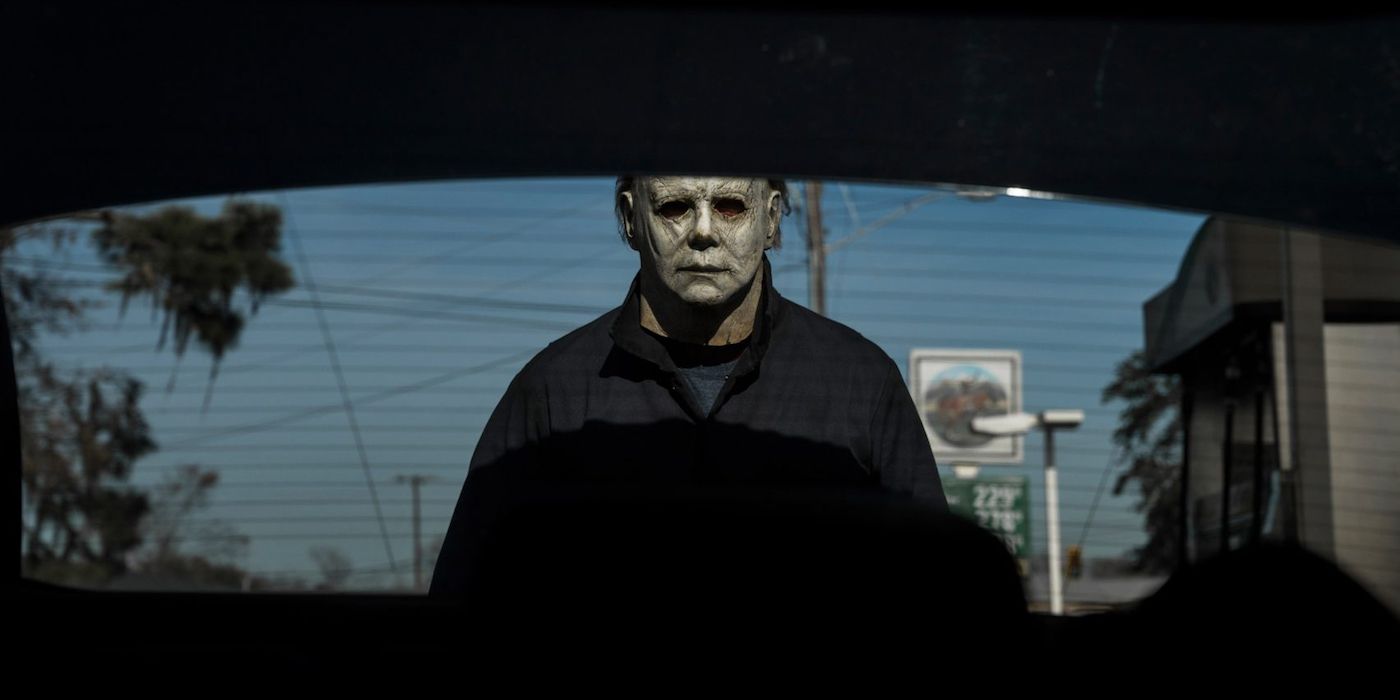 Michael Myers in a rearview mirror in Halloween 2018