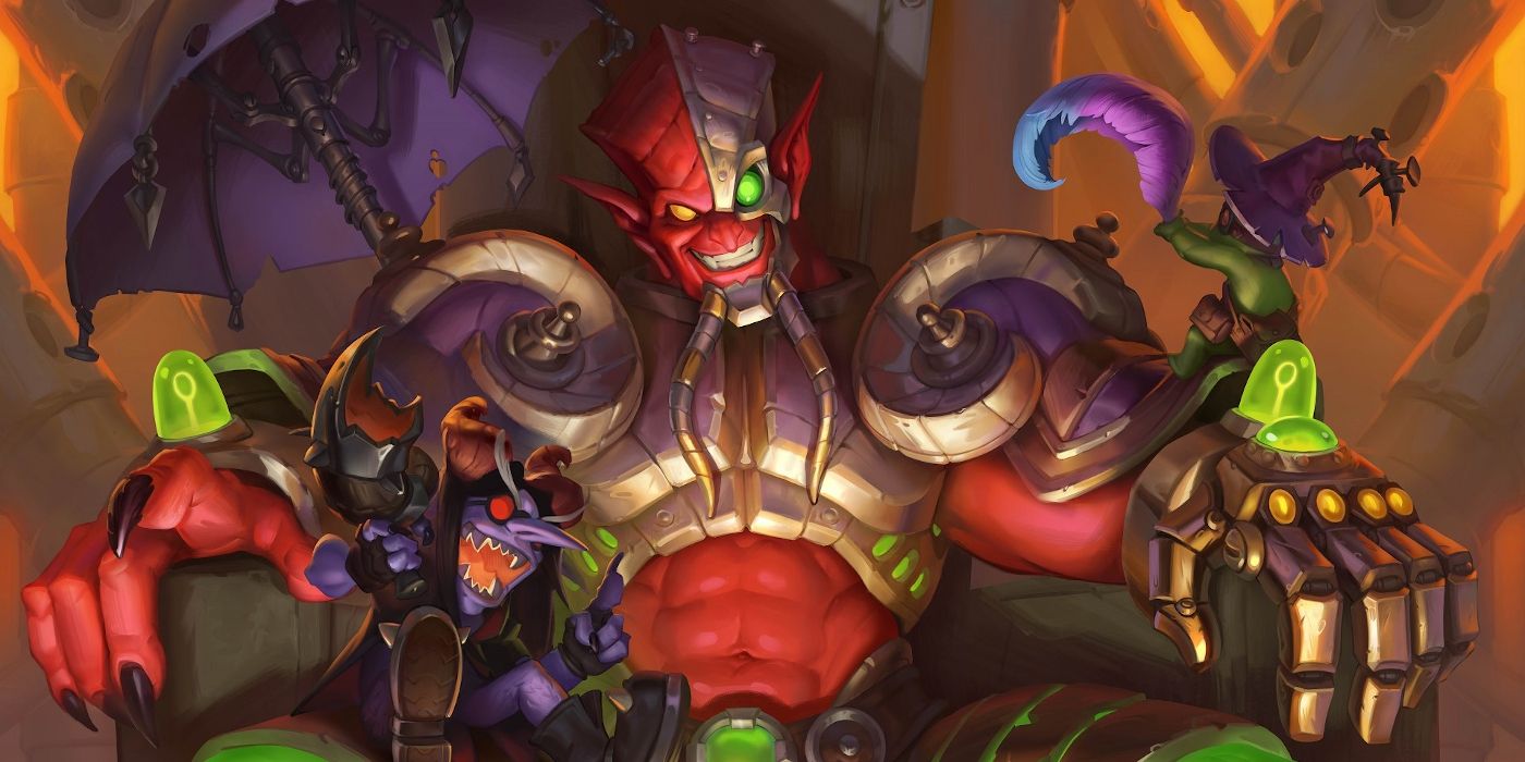 Hearthstone Felfire Festival god sitting in a chair with small goblins on him.
