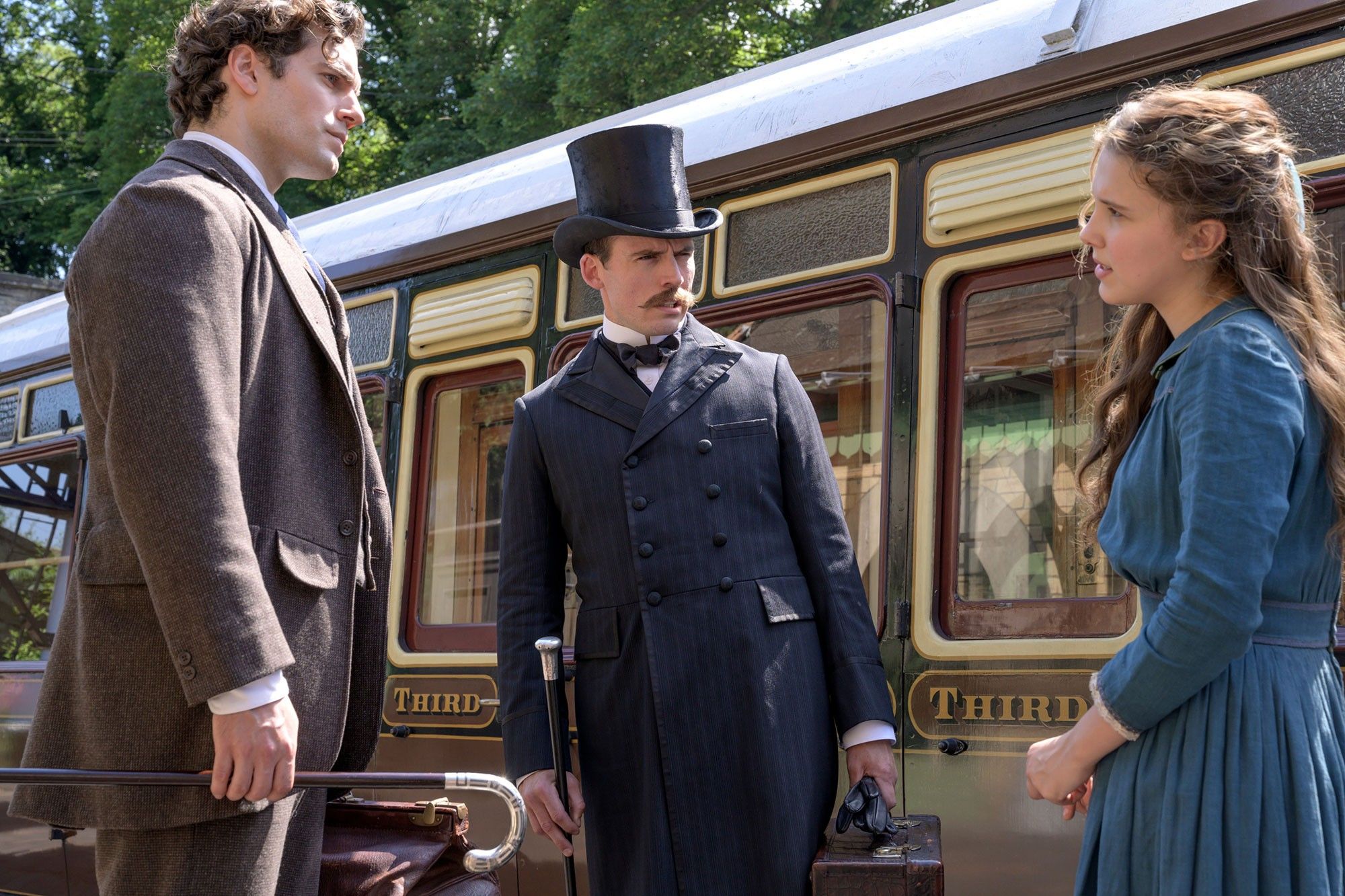 Henry Cavill Sam Claflin and Millie Bobbie Brown in Enola Holmes