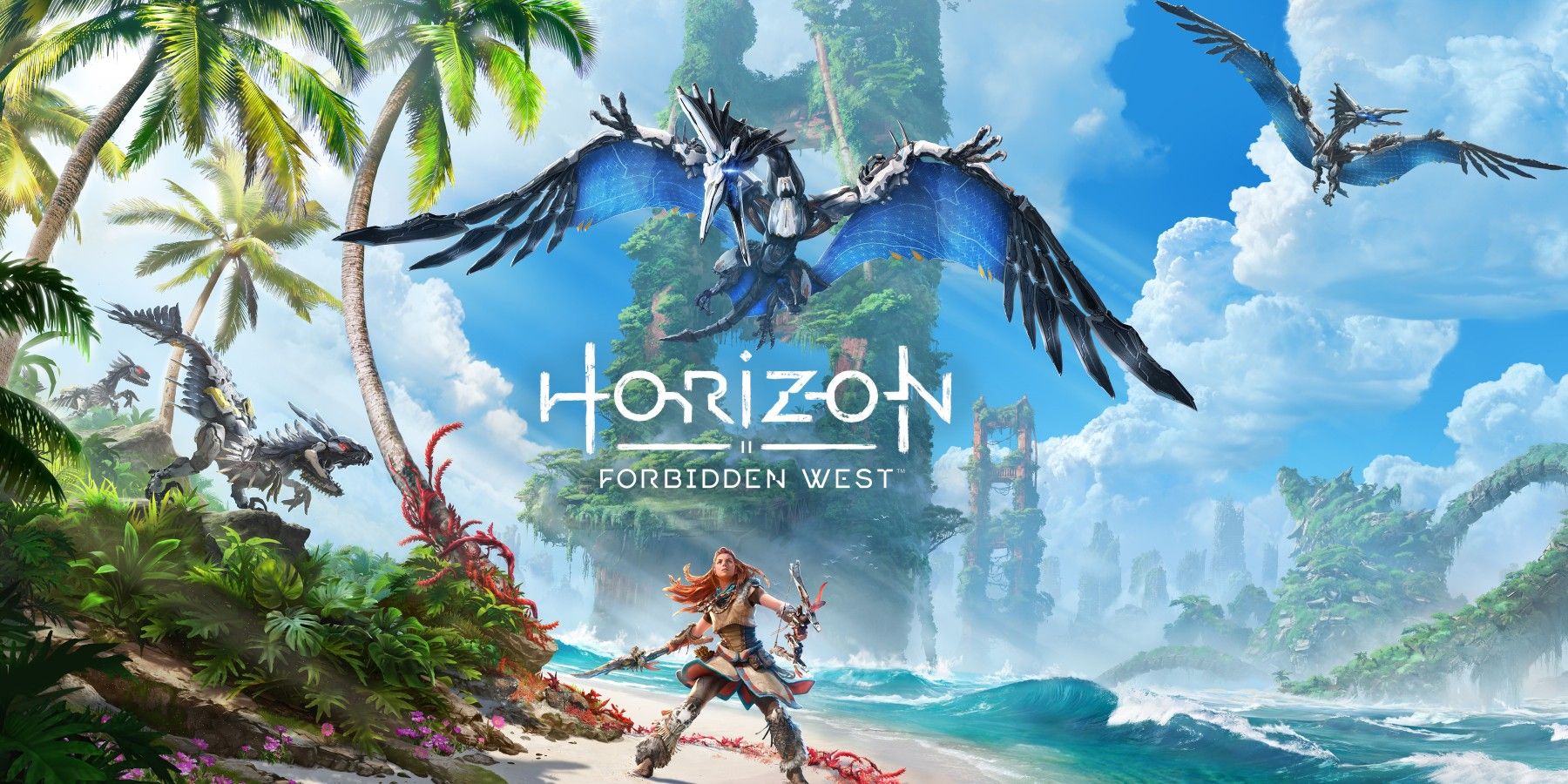 Horizon Forbidden West key art with a Sunwing flying overhead and Aloy below.