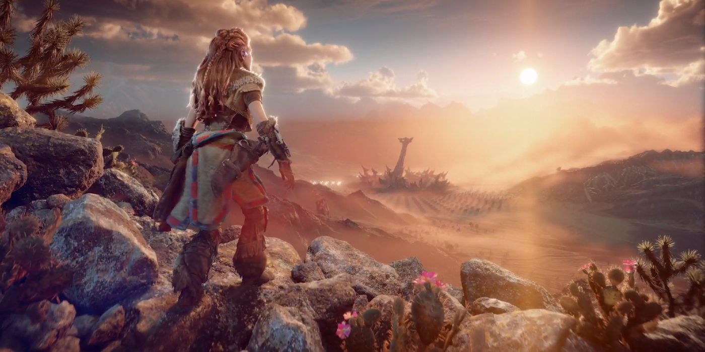 Aloy looks at the countryside as the sun shines down in Horizon Forbidden West.