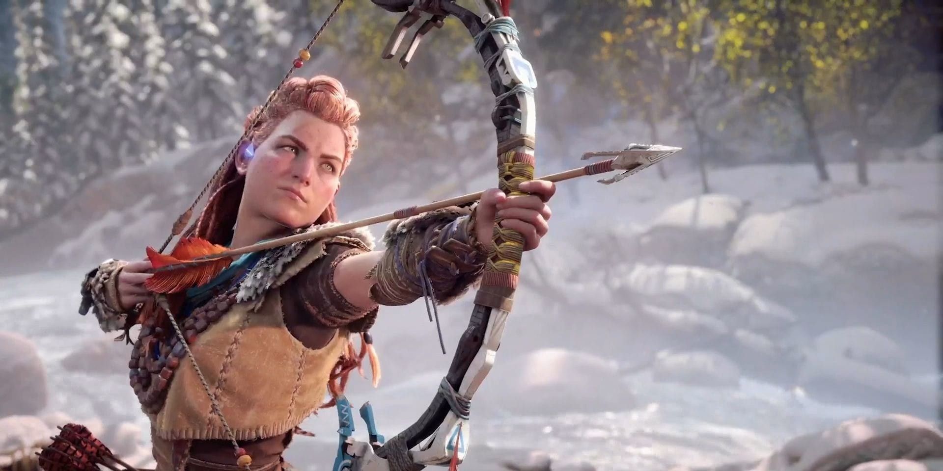 Aloy aiming her bow and arrow in Horizon Forbidden West.