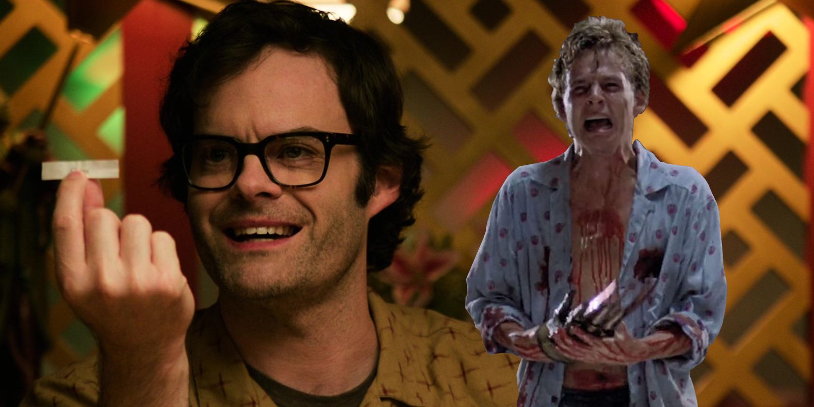 Bill Hader in It: Chapter Two with Mark Patton from A Nightmare On Elm Street 2 in the background.